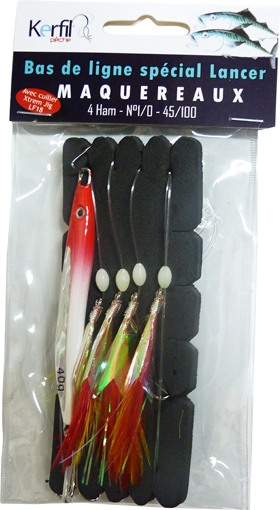 BAS DE LIGNE MAQUEREAU 4 HAM N°1/0 PLUMES R/J